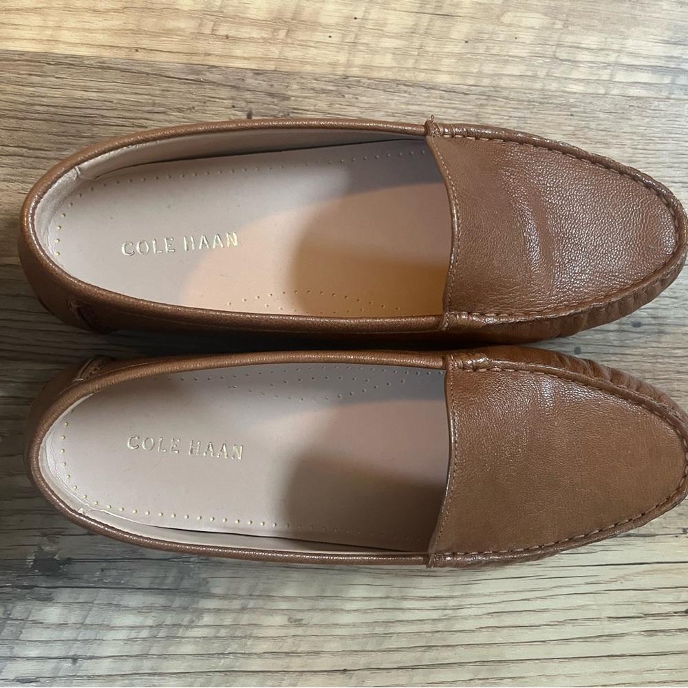 Cole Haan Brown Leather Emmie Driving Loafers.